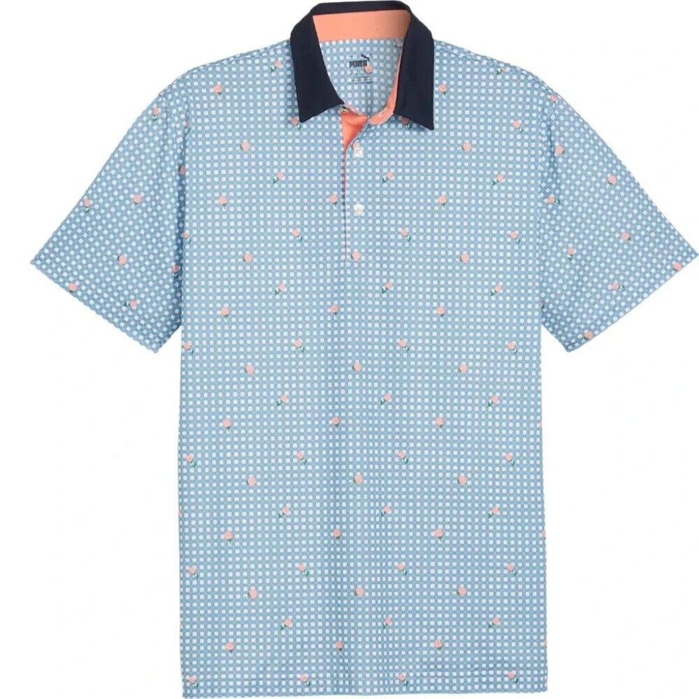 Puma Pique Gingham Floral Golf Polo Mens Performance Stretch Blue Size Small